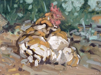 Chicken (Sitting) - 14.8x21cm, Oil on Card, 2014, Martin Hill