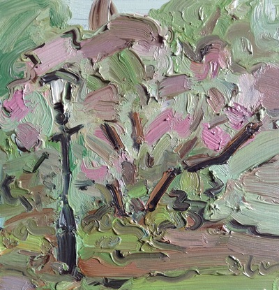 Lamp post and Rhododendrons - 20x20cm, Oil on Board, 2014, Martin Hill