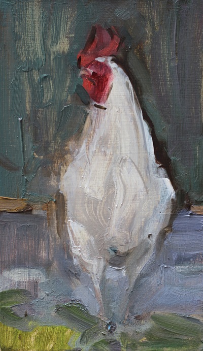 White Cockerel - 11.4x19.6cm, Oil on Board, 2016, Martin Hill
