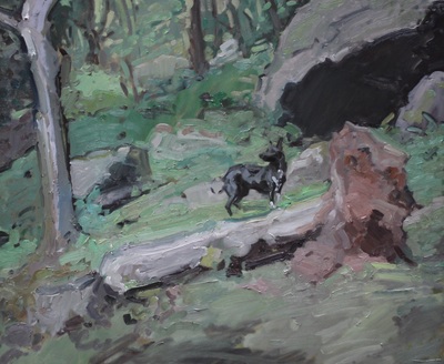 Landscape with Black Dog - 60x70cm, Oil on Board, 2015, Martin Hill