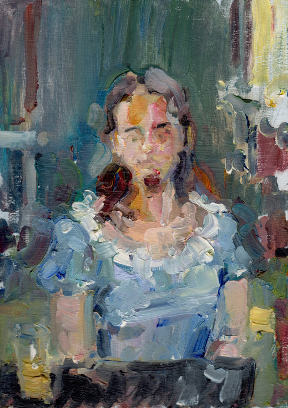 Girl in blue Dress, Oil on Card, Martin Hill