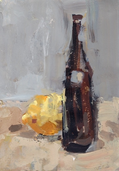 Lemon and Bottle Study - 14.8x21cm, Acrylic on Paper, 2016, Martin Hill