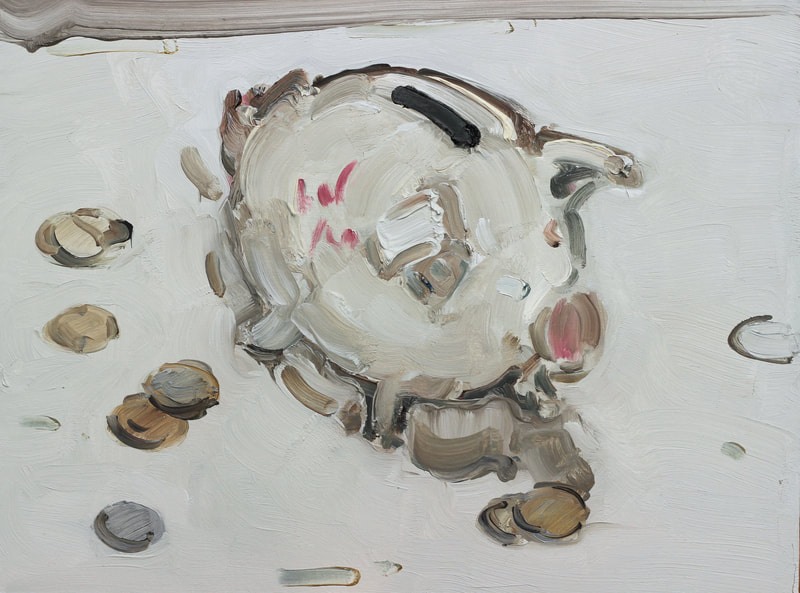 Piggy Bank and Coins - 30x40cm, Oil on Board, 2015, Martin Hill