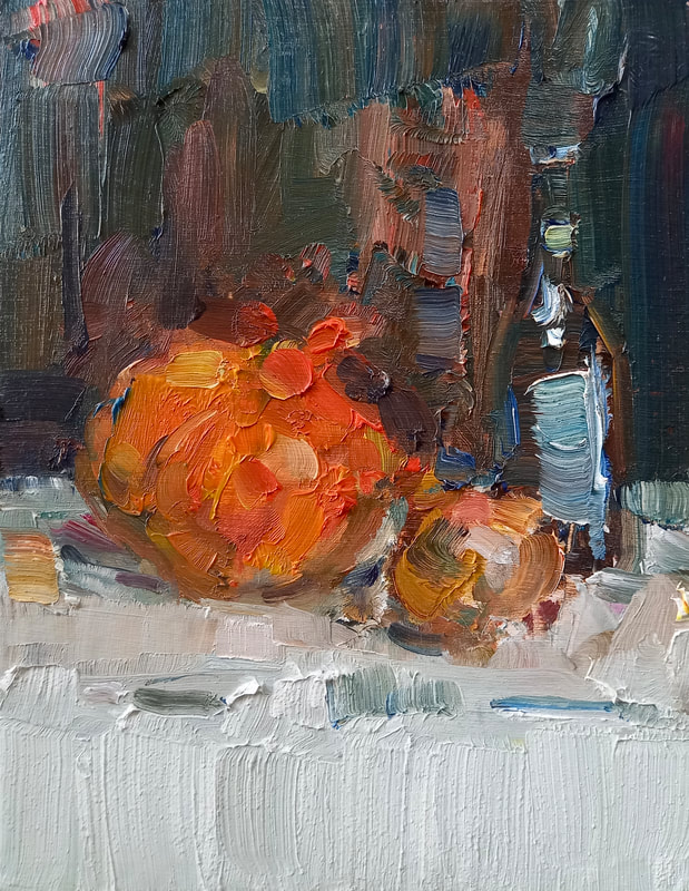 Pumpkin and Bottle, Oil on Card, Martin Hill