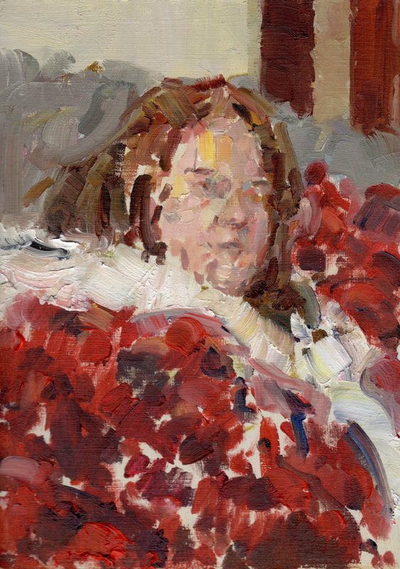 Red Dressing Gown, Oil on Card, Martin Hill