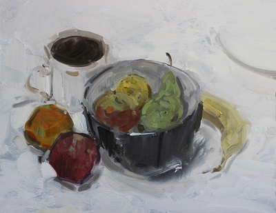 Still Life with Coffee and Fruit - 41x51cm, Oil on Board, 2016, Martin Hill