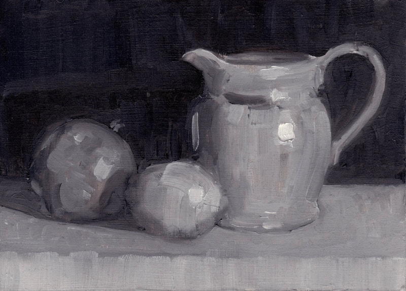 Still Life with Jug Pomegranate and Lemon, Oil on Card, Martin Hill