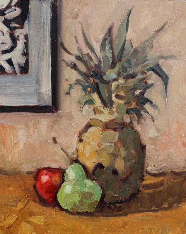 Still Life with Pineapple - 20.4x25.5cm, Oil on Board, Martin Hill