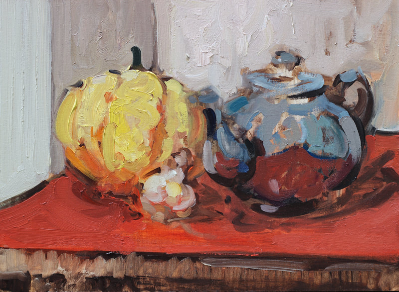 Martin Hill, Still Life with Teapot and Squash, Oil Painting,
