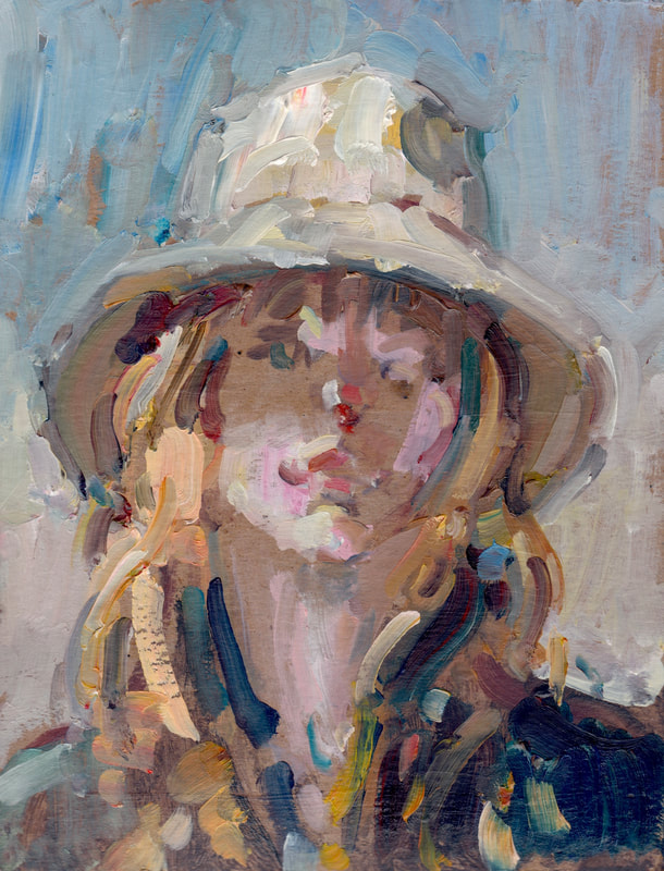 Young Woman with Hat, Oil on Card, Martin Hill, 